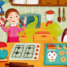 Little Girl in Kitchen with Ghost Pixies